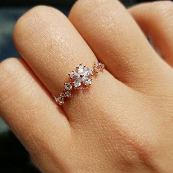 Rose Gold Dainty Diamond Flower Ring - Picture 2 of 4